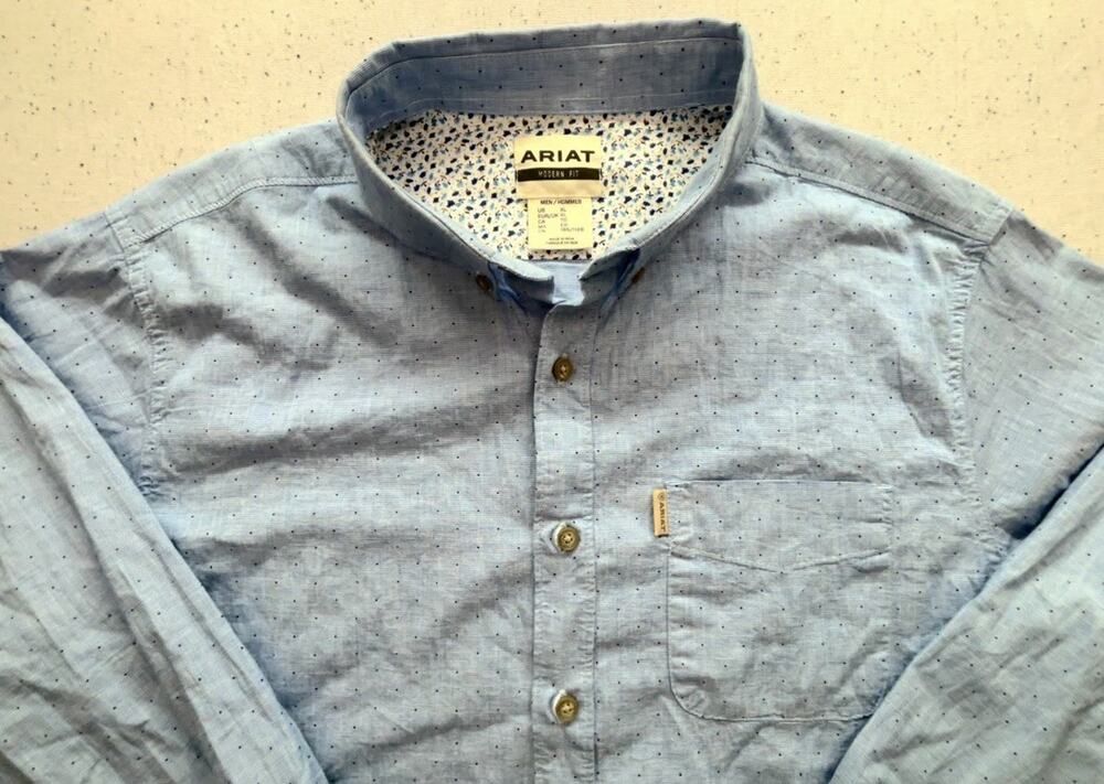 Ariat Shirt Mens XL Modern Fit Blue Polka Dot Long Sleeve Floral Collar Accent